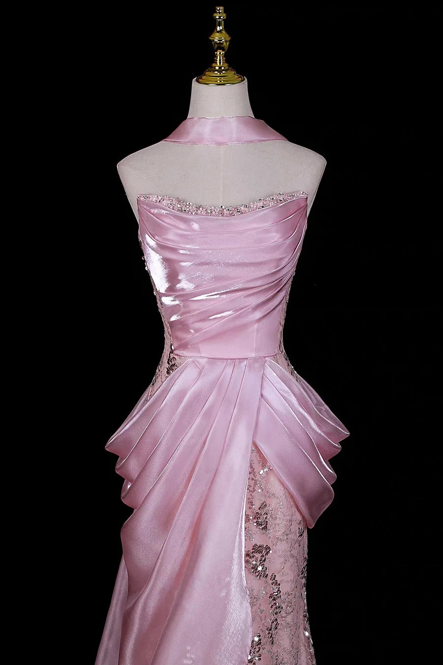 Glitter Pink Organza Irregular Sequin Lace Mermaid Prom Dresses Strapless Evening Dress, LTP82774