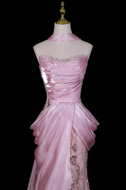 Glitter Pink Organza Irregular Sequin Lace Mermaid Prom Dresses Strapless Evening Dress, LTP82774