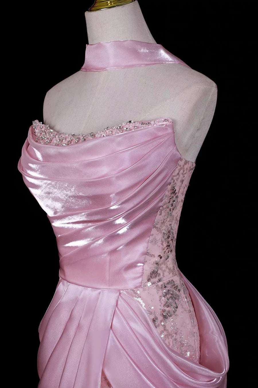 Glitter Pink Organza Irregular Sequin Lace Mermaid Prom Dresses Strapless Evening Dress, LTP82774