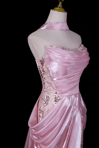 Glitter Pink Organza Irregular Sequin Lace Mermaid Prom Dresses Strapless Evening Dress, LTP82774