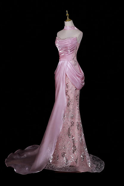 Glitter Pink Organza Irregular Sequin Lace Mermaid Prom Dresses Strapless Evening Dress, LTP82774
