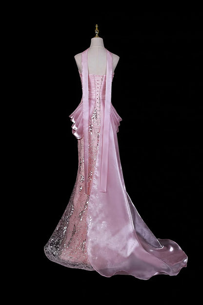 Glitter Pink Organza Irregular Sequin Lace Mermaid Prom Dresses Strapless Evening Dress, LTP82774