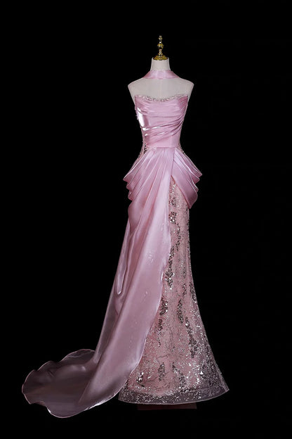 Glitter Pink Organza Irregular Sequin Lace Mermaid Prom Dresses Strapless Evening Dress, LTP82774