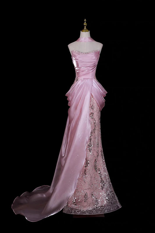 Glitter Pink Organza Irregular Sequin Lace Mermaid Prom Dresses Strapless Evening Dress, LTP82774