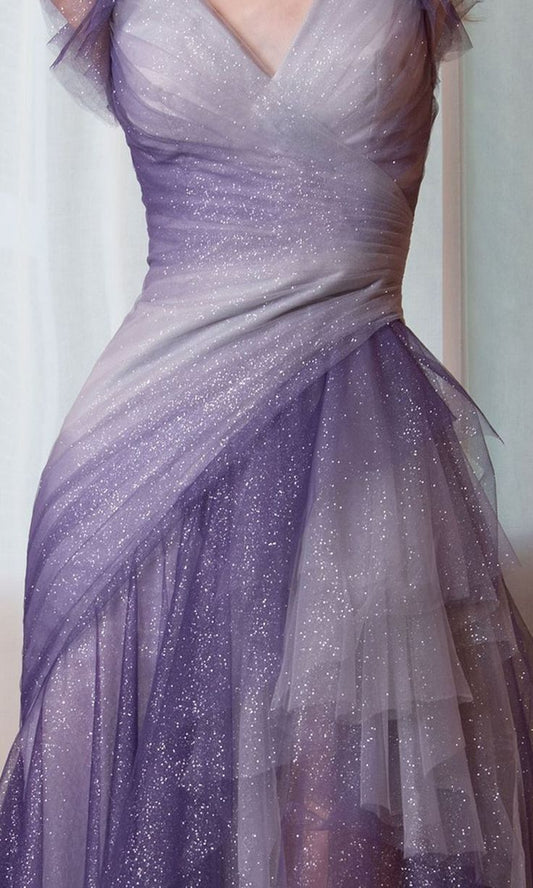 Glitter Purple Gradient Color Tulle Prom Dresses Ruffle Evening Gown,LTP4004