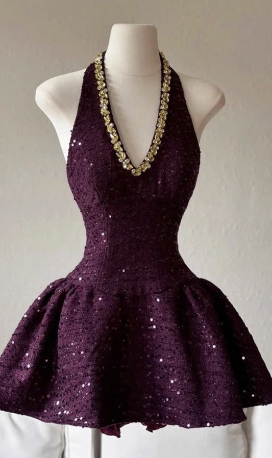Glitter Purple Sequin Homecoming Dresses V-neck Beaded Mini Party Dress,LTP3905