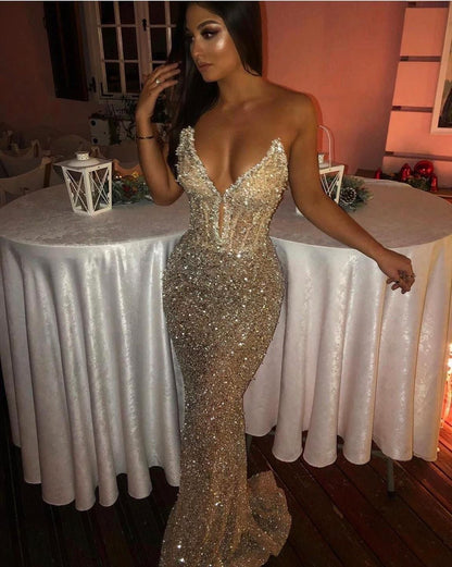 Glitter Strapless Sequins Beaded Mermaid Prom Dresses