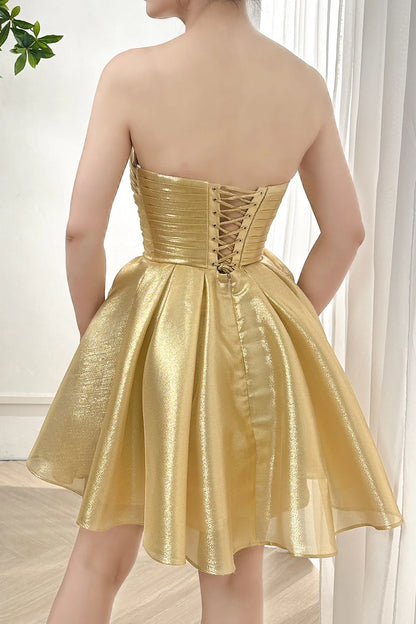 Gold Strapless A-Line Organza Homecoming Dresses, LTP3205