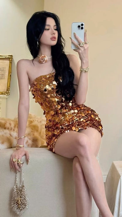 Gold Sequin Homecoming Dresses Strapless Mini Prom Party Dress,LTP3834