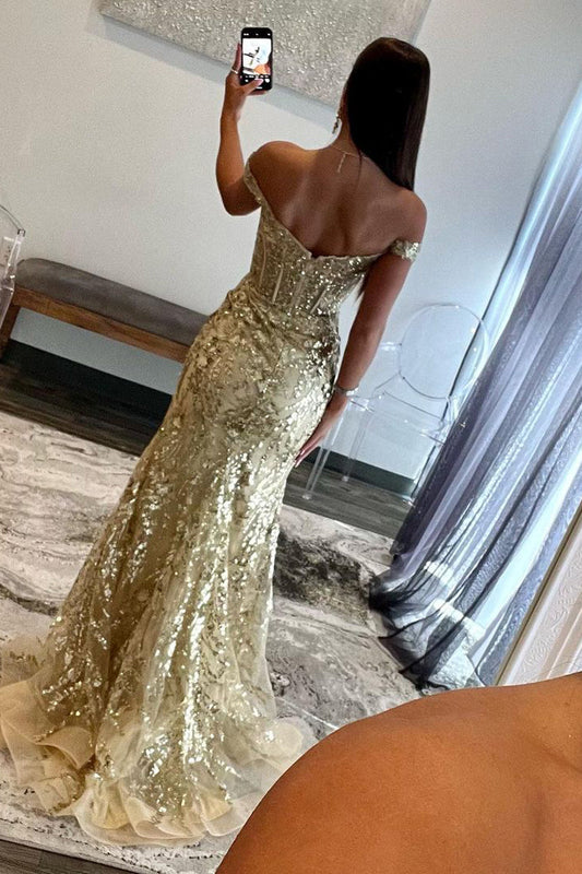 Gold Sequin Lace Off the Shoulder Mermaid Prom Dress