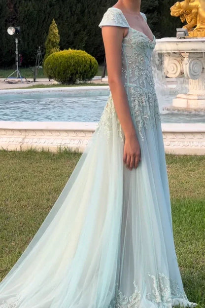 Gorgeous A Line Sweetheart Light Green Long Prom Dress with Appliques