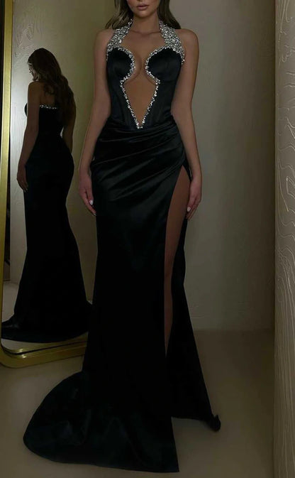 Gorgeous Black Beaded Sexy Prom Dresses With Side Slit