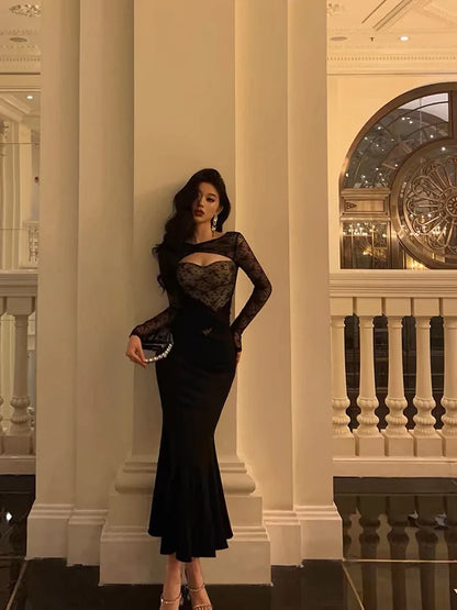 Gorgeous Mermaid Black Lace Date Night Dress Long Prom Dresses Birthday Outfits, LTP3603