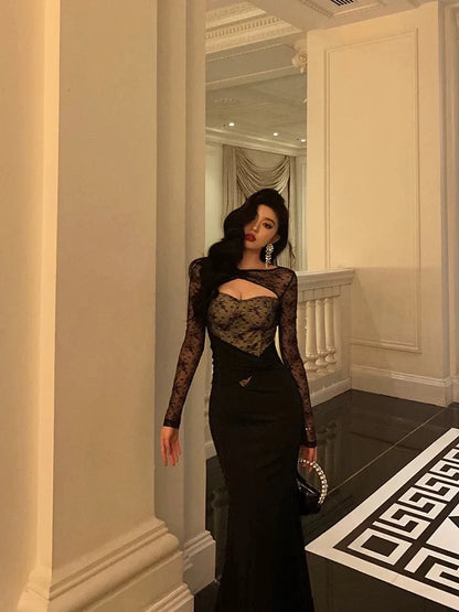 Gorgeous Mermaid Black Lace Date Night Dress Long Prom Dresses Birthday Outfits, LTP3603