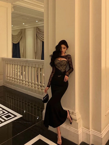 Gorgeous Mermaid Black Lace Date Night Dress Long Prom Dresses Birthday Outfits, LTP3603