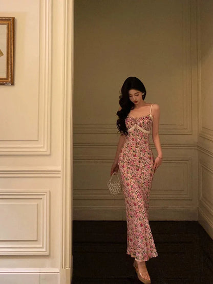Gorgeous Mermaid Spaghetti Straps Pink Floral Date Night Dress Long Prom Dresses Birthday Outfits, LTP3602