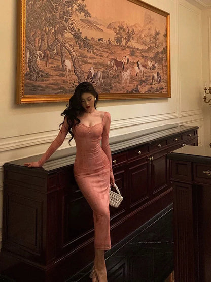 Gorgeous Sheath Square Neckline Long Sleeves Pink Lace Date Night Dress Long Prom Dresses Birthday Outfits, LTP3601