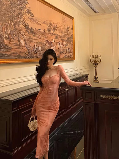 Gorgeous Sheath Square Neckline Long Sleeves Pink Lace Date Night Dress Long Prom Dresses Birthday Outfits, LTP3601