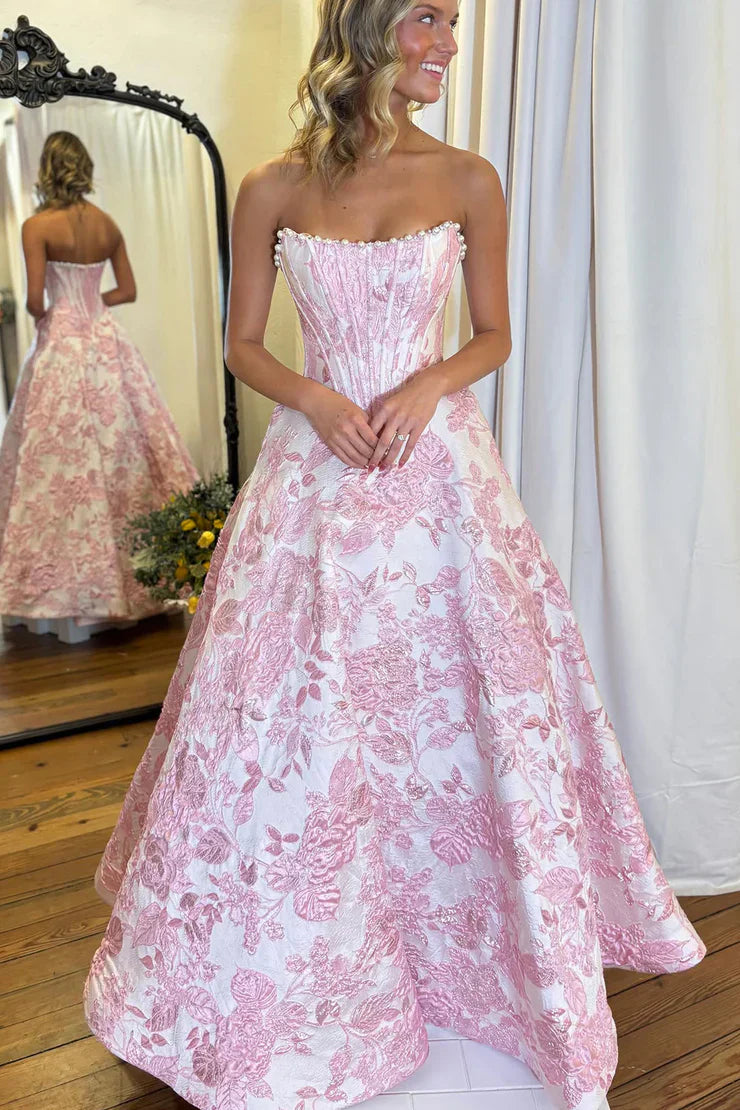 Stunning A Line Scoop Neck Jacquard Satin Long Prom Dress with Pearls