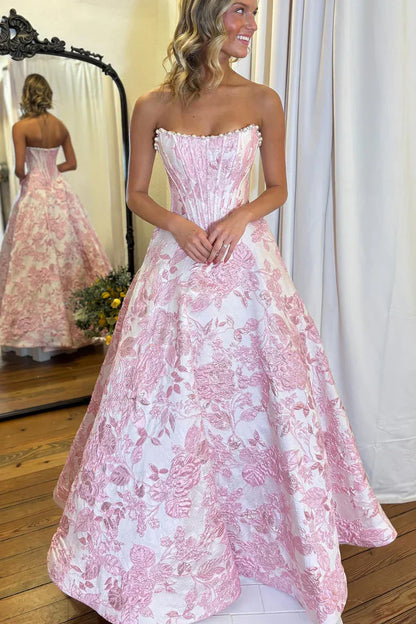 Stunning A Line Scoop Neck Jacquard Satin Long Prom Dress with Pearls