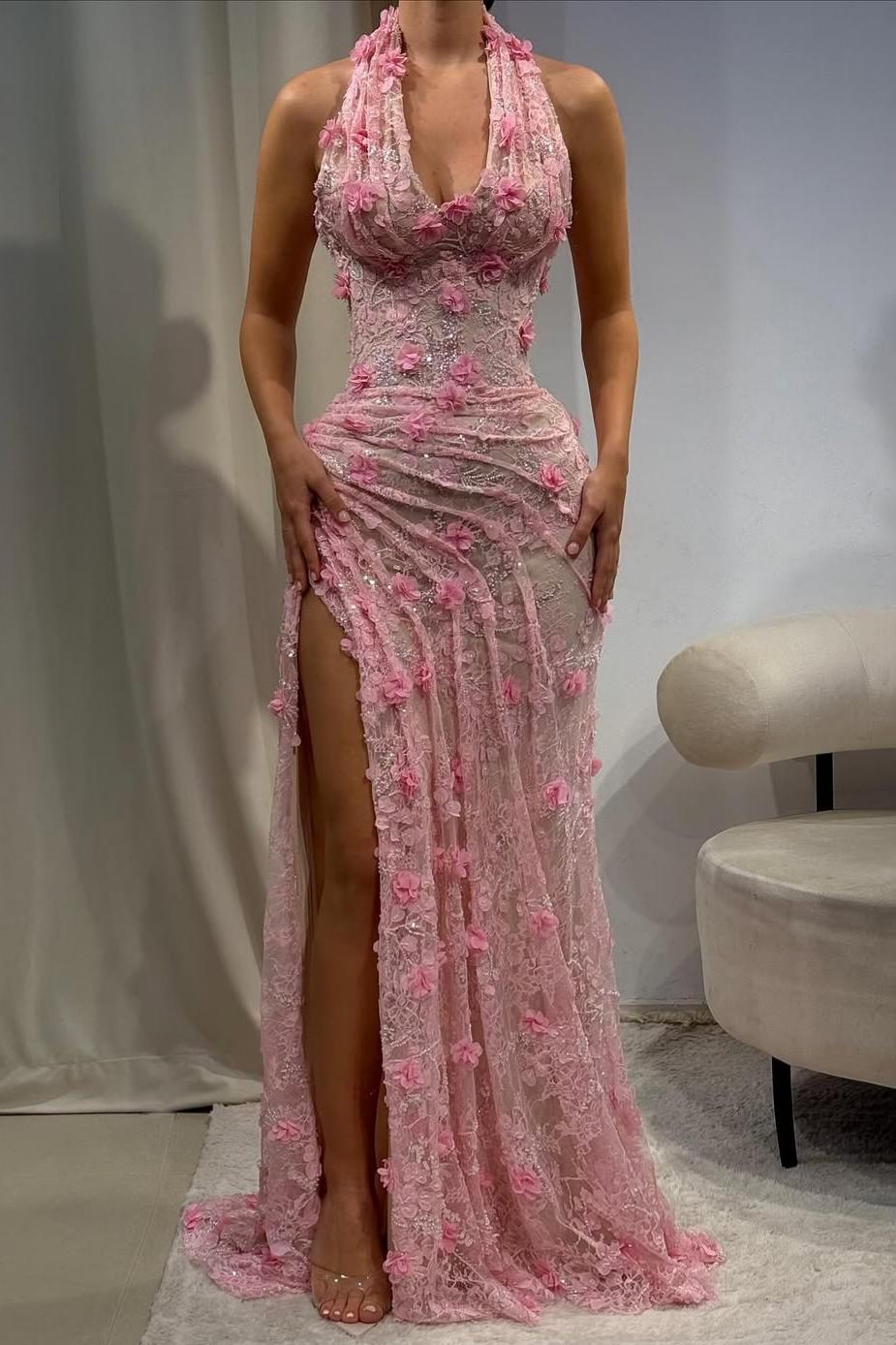 Gorgeous Mermaid Halter Neck Green Long Party Dress with 3D Flowers