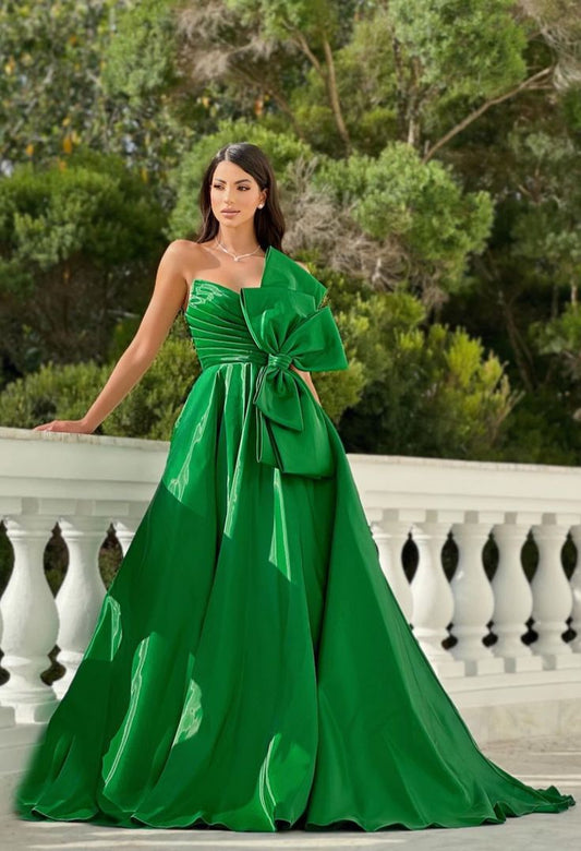 Green A-Line Long Prom Dresses Bowknot Evening Party Dress,LTP4037