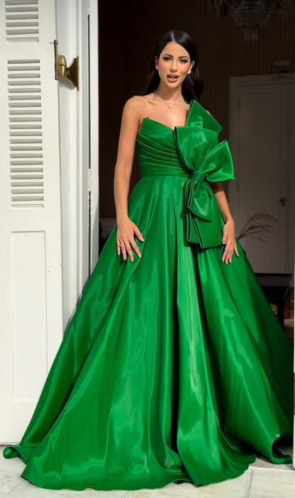 Green A-Line Long Prom Dresses Bowknot Evening Party Dress,LTP4037