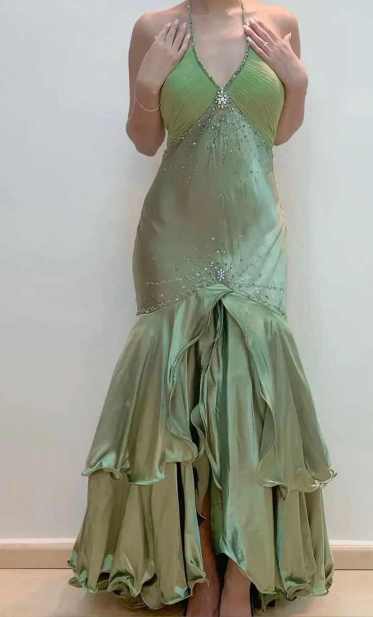 Green Beaded Halter Prom Dresses Y2K Dance Outfits,LTP4475