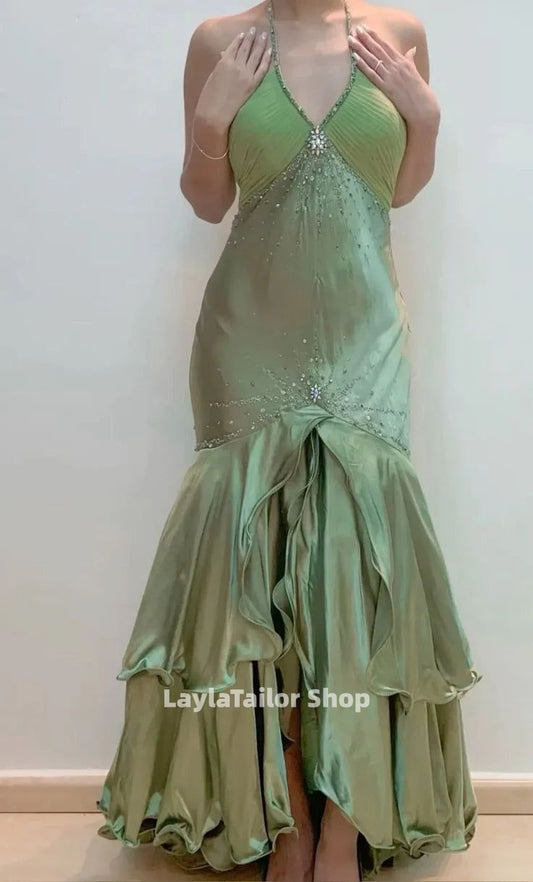 Green Beaded Halter Prom Dresses Y2K Dance Outfits,LTP4475