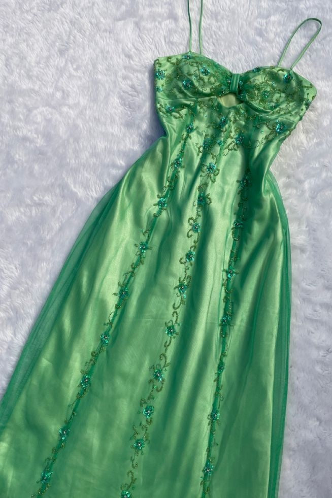 Green Beaded Spaghetti Straps Party Dress, Chiffon Prom Evening Gown,LTP3523