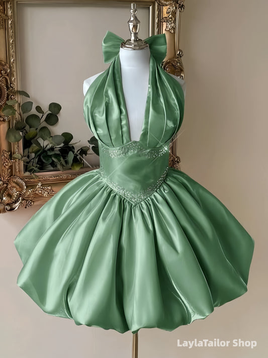 Green Halter Beaded Short Homecoming Dresses Back To School Dress