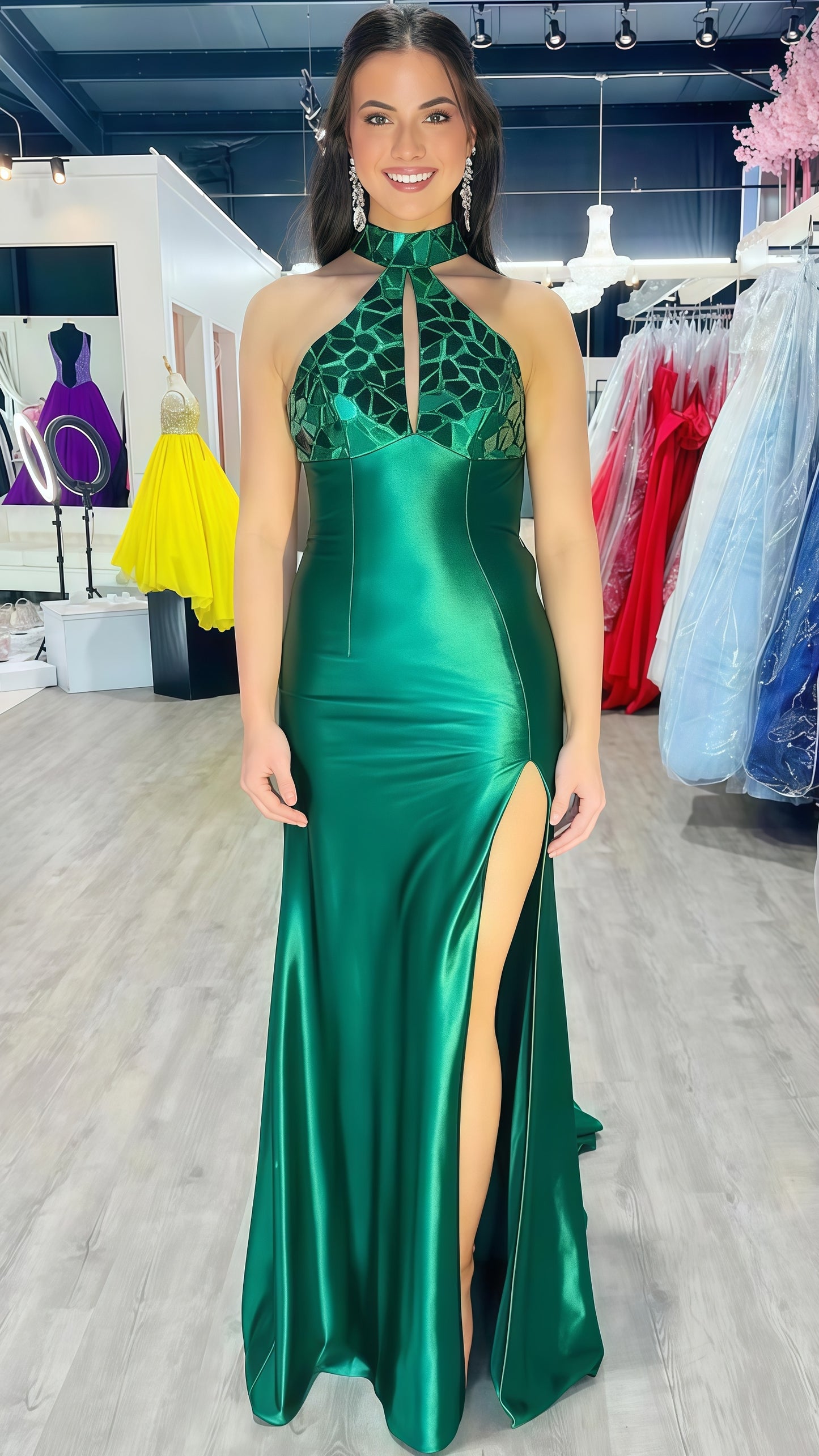 Green Halter Mermaid Prom Dresses, Mirror Prom Evening Dress,LTP3428