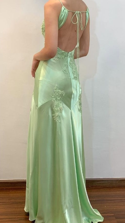 Green Mermaid V Neck Appliques Satin Open Back Long Prom Dress Outfits,LTP4433
