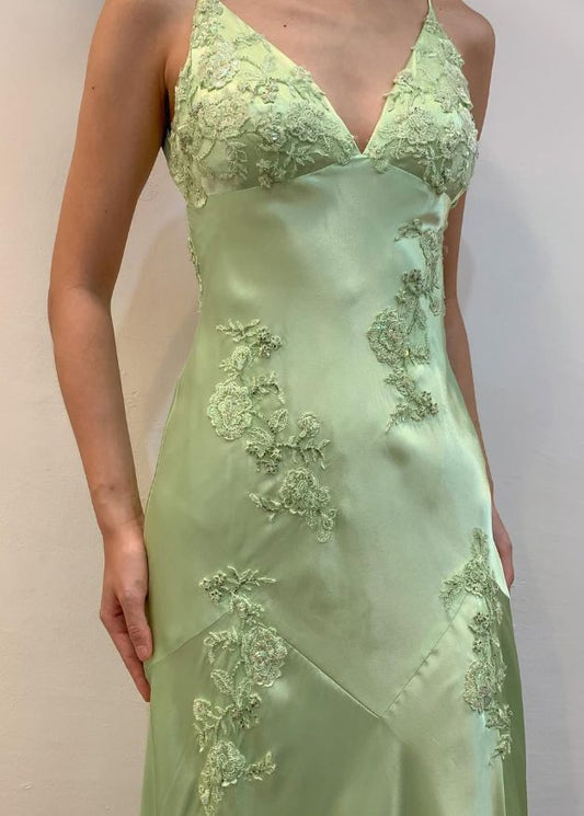Green Mermaid V Neck Appliques Satin Open Back Long Prom Dress Outfits,LTP4433