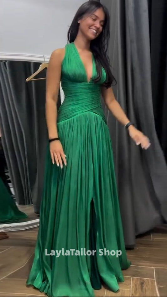 Green Pleated V-neck Long Prom Dresses V-Neck Evening Formal Gown,LTP4505