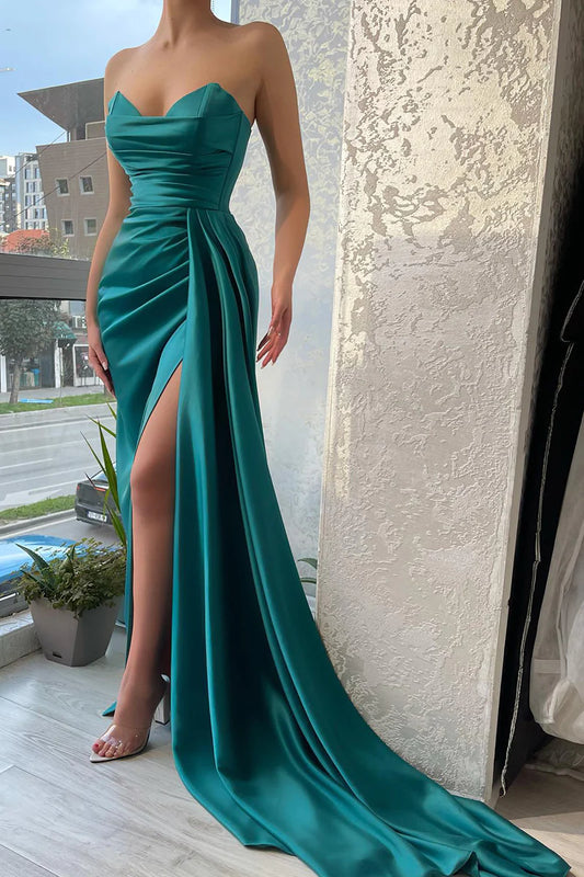 Green Prom Dresses, Satin Party Dress, Bodycon Sexy Prom Dress With Split