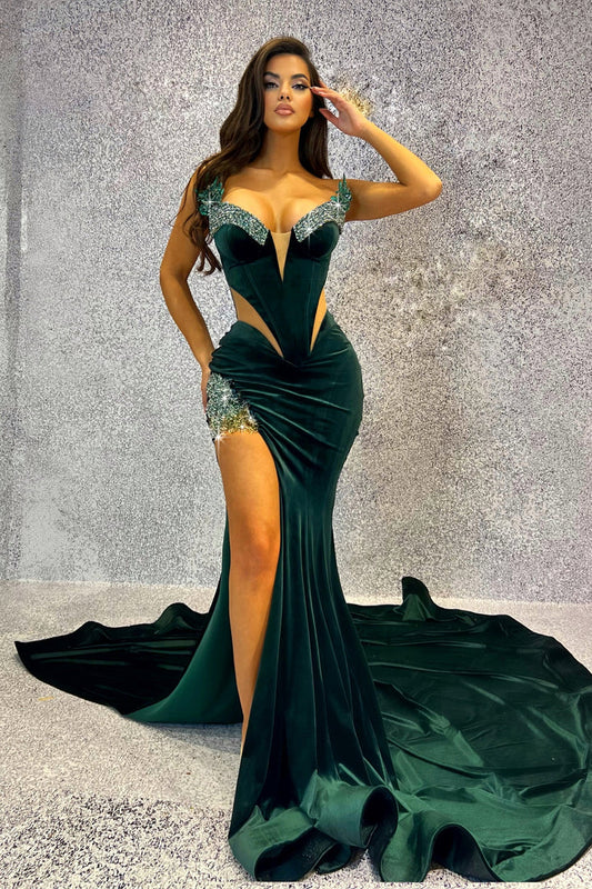 Dark Green Beaded Sexy Prom Dresses