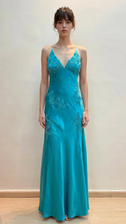 Green Mermaid V Neck Appliques Satin Open Back Long Prom Dress Outfits,LTP4433