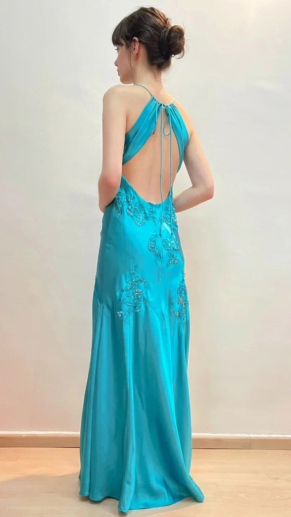 Green Mermaid V Neck Appliques Satin Open Back Long Prom Dress Outfits,LTP4433