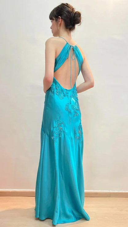 Green Mermaid V Neck Appliques Satin Open Back Long Prom Dress Outfits,LTP4433
