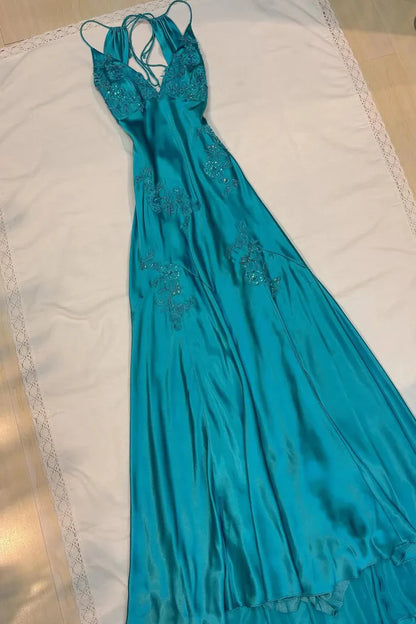 Green Mermaid V Neck Appliques Satin Open Back Long Prom Dress Outfits,LTP4433