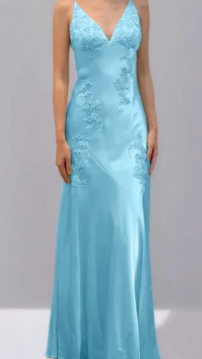 Green Mermaid V Neck Appliques Satin Open Back Long Prom Dress Outfits,LTP4433