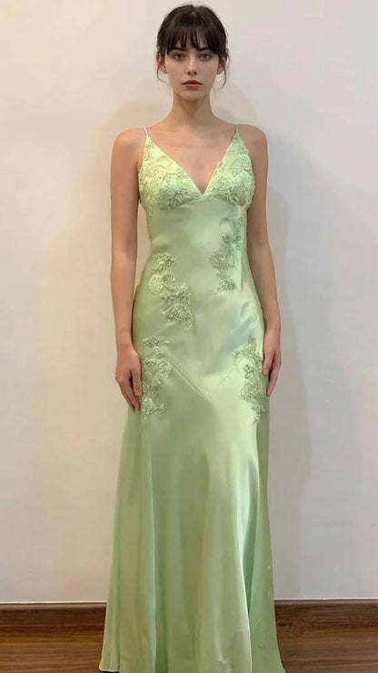 Green Mermaid V Neck Appliques Satin Open Back Long Prom Dress Outfits,LTP4433