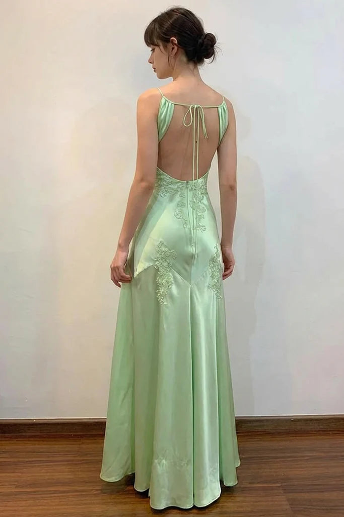 Green Mermaid V Neck Appliques Satin Open Back Long Prom Dress Outfits,LTP4433