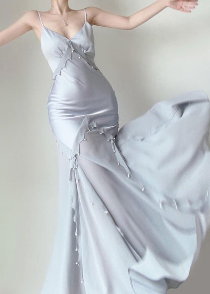 Grey Blue Chiffon Ruffle Prom Dresses Pearl Beaded Evening Gown