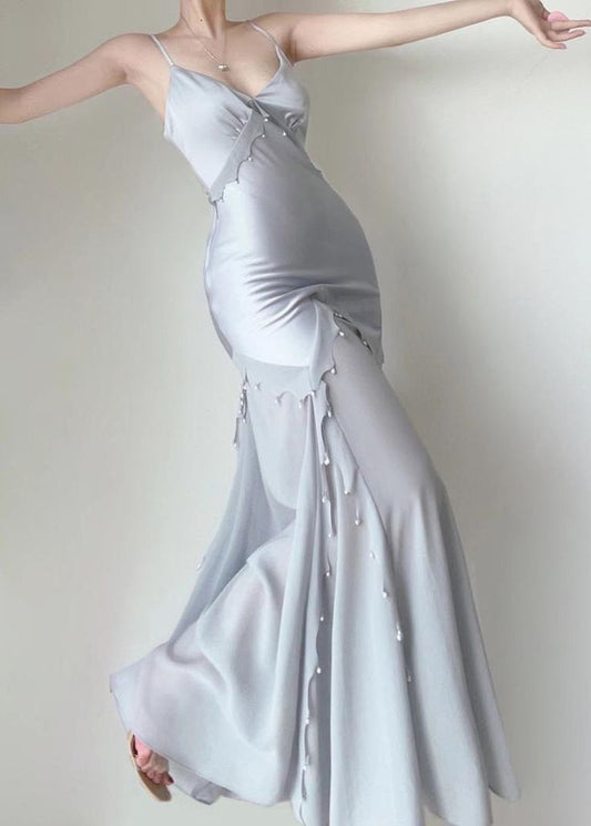 Grey Blue Chiffon Ruffle Prom Dresses Pearl Beaded Evening Gown