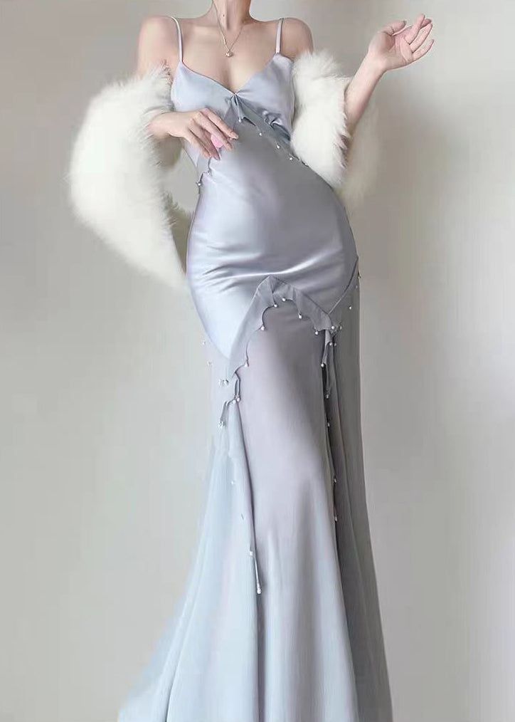 Grey Blue Chiffon Ruffle Prom Dresses Pearl Beaded Evening Gown