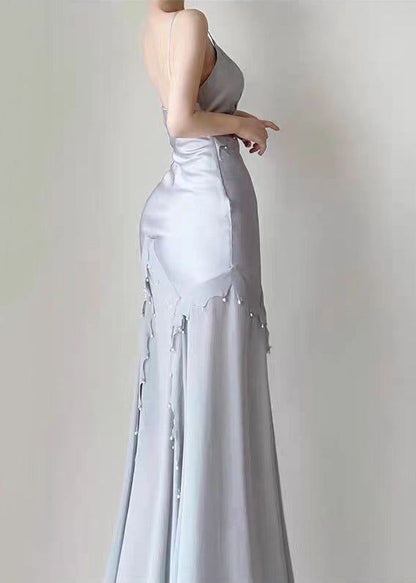 Grey Blue Chiffon Ruffle Prom Dresses Pearl Beaded Evening Gown