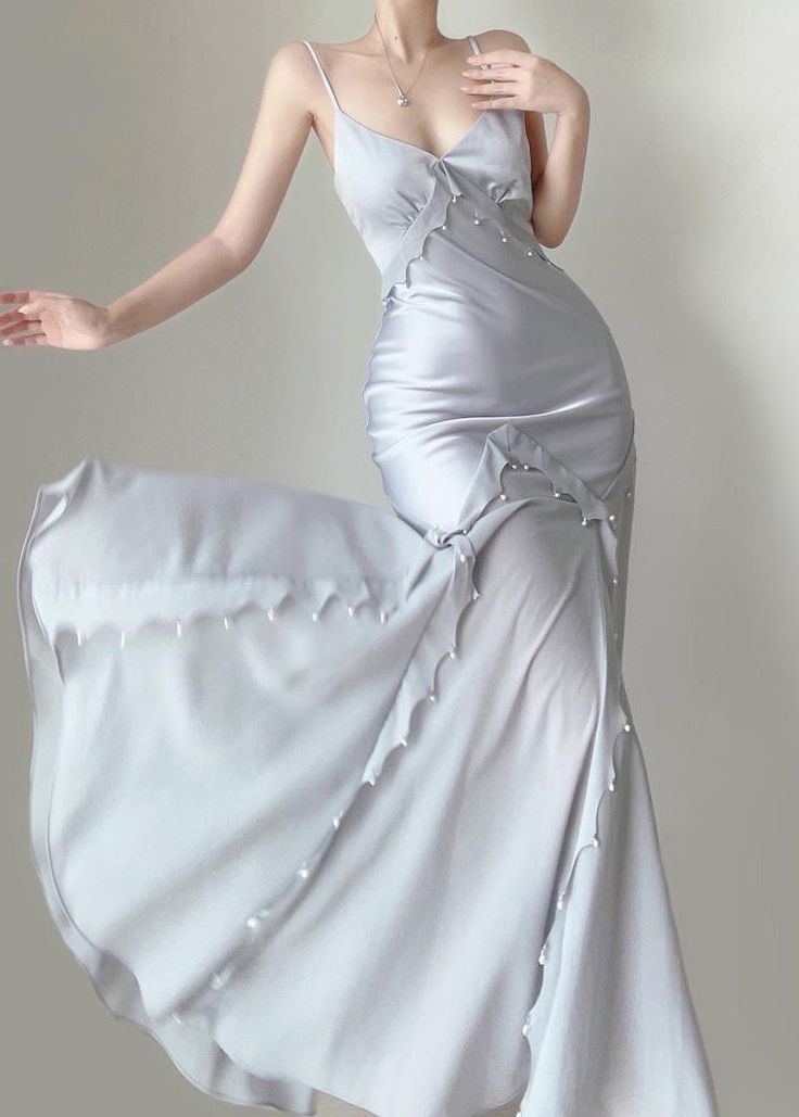 Grey Blue Chiffon Ruffle Prom Dresses Pearl Beaded Evening Gown