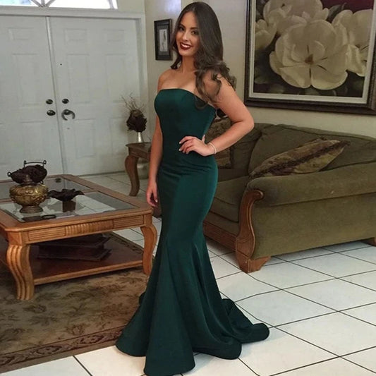 Dark Green Strapless Long Prom Dresses Satin Mermaid Evening Dress